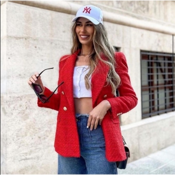 ZARA RED TEXTURED TWEED DOUBLE-BREASTED BLAZER size XS Kate Middleton - Picture 7 of 16